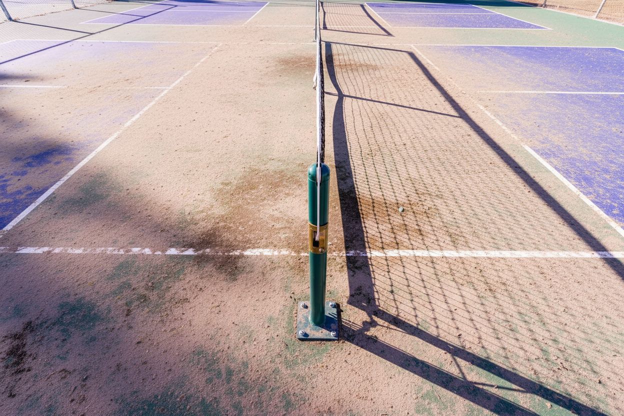 Pickleball court before cleaning — buried in desert dust with faded lines